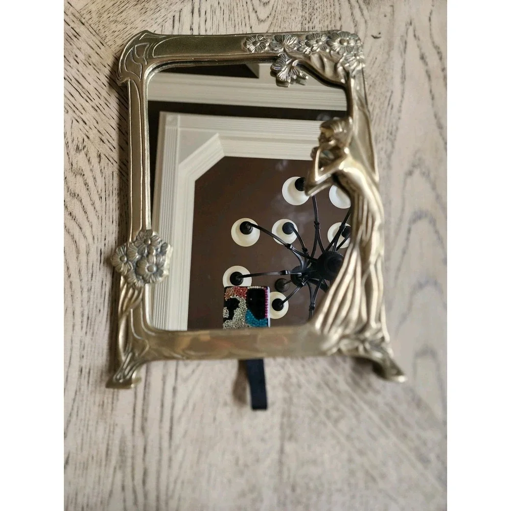 Vintage Lady Mirror Art Deco Nouveau Brass Vanity Table Top Mirror 9.5X12 Flower